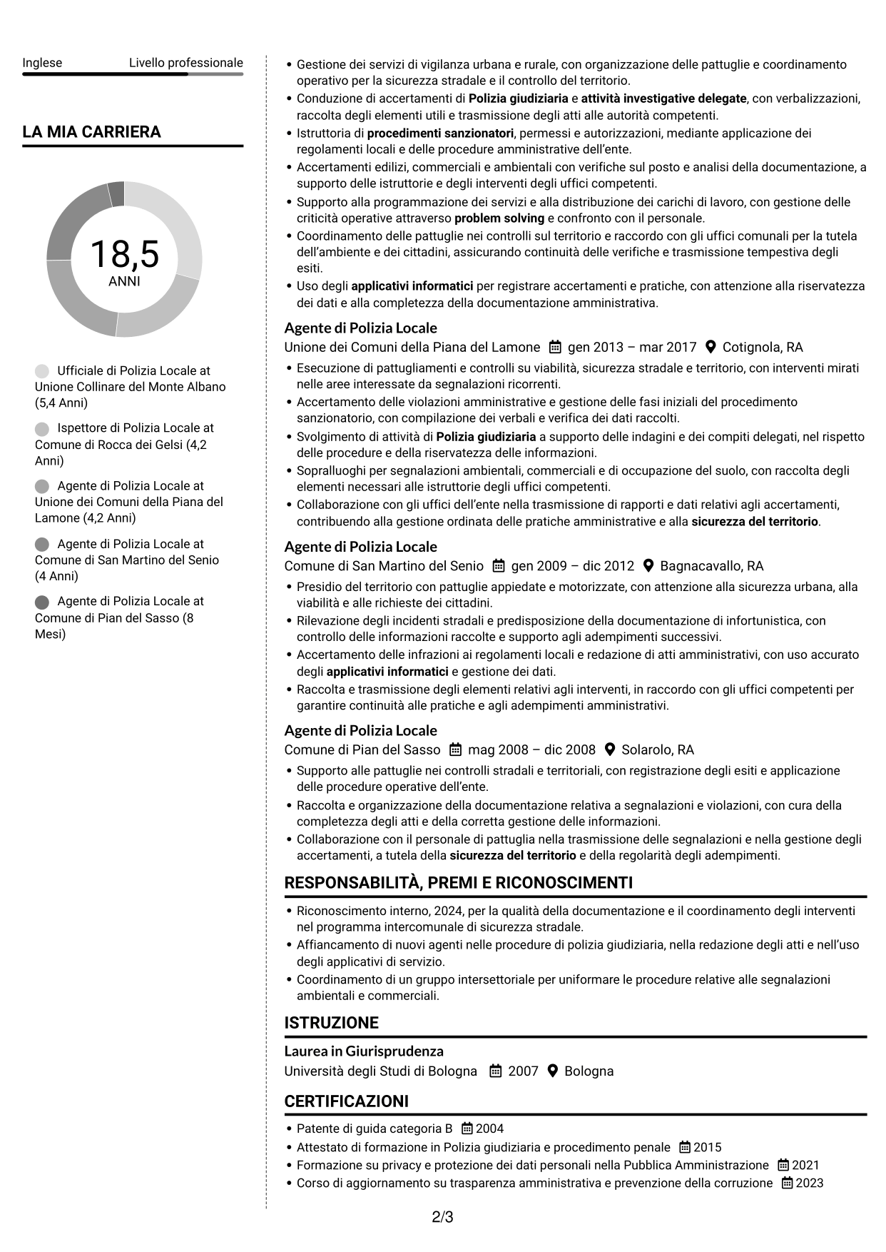 CV Moderno (formato a due colonne con foto a sinistra e separatore): Ufficiale di Polizia Locale - Vigilanza e polizia giudiziaria, pagina 2