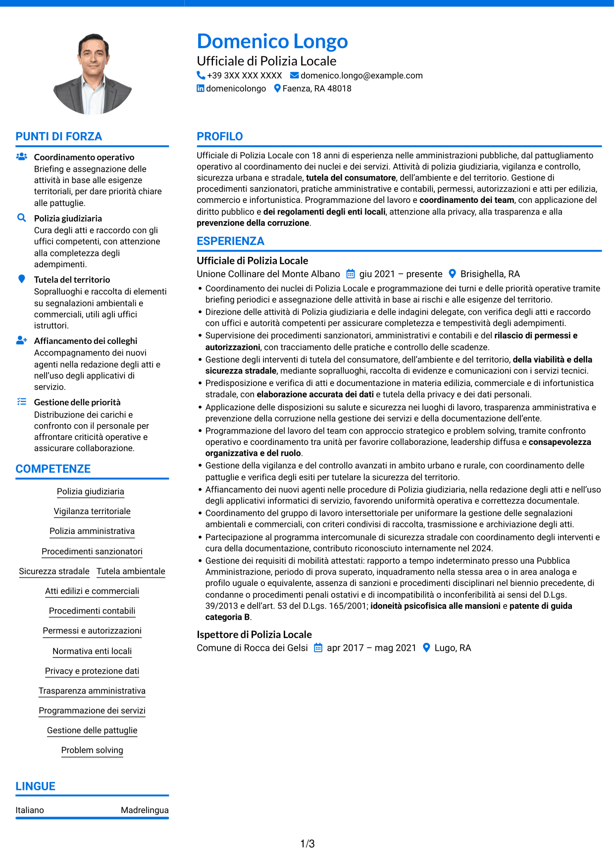 CV Audace (formato a due colonne con accenti colorati e foto): Ufficiale di Polizia Locale - Vigilanza e polizia giudiziaria, pagina 1