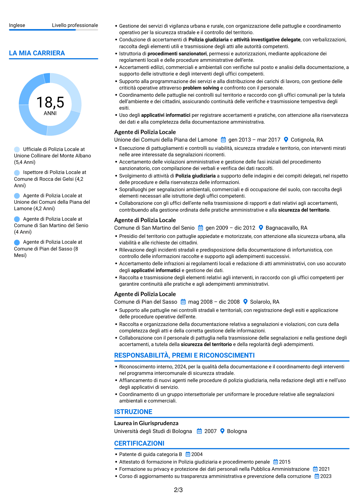 CV Audace (formato a due colonne con accenti colorati e foto): Ufficiale di Polizia Locale - Vigilanza e polizia giudiziaria, pagina 2