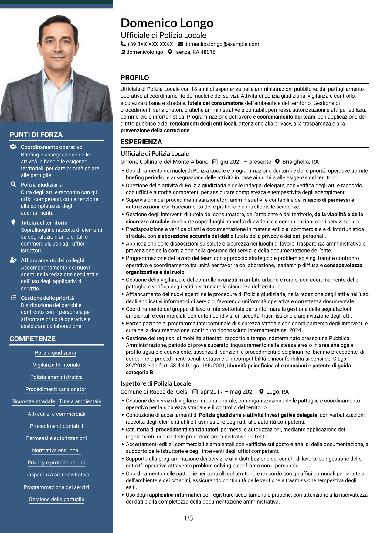 CV Signature (formato con colonna laterale colorata e foto grande): Ufficiale di Polizia Locale - Vigilanza e polizia giudiziaria, pagina 1