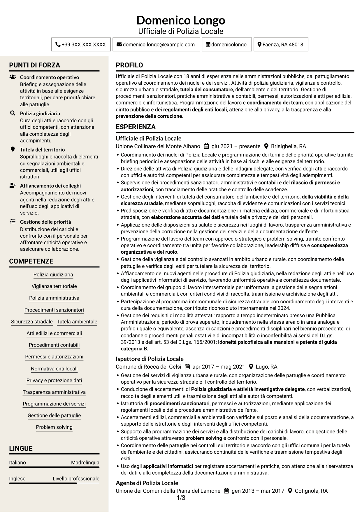 CV Intraprendente (formato a due colonne con intestazione centrata senza foto): Ufficiale di Polizia Locale - Vigilanza e polizia giudiziaria, pagina 1