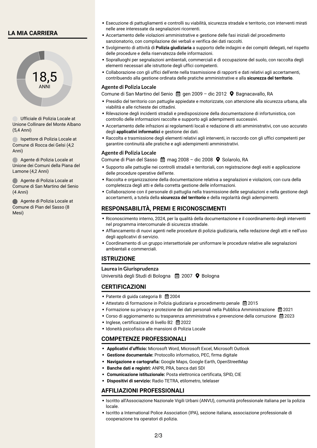 CV Intraprendente (formato a due colonne con intestazione centrata senza foto): Ufficiale di Polizia Locale - Vigilanza e polizia giudiziaria, pagina 2