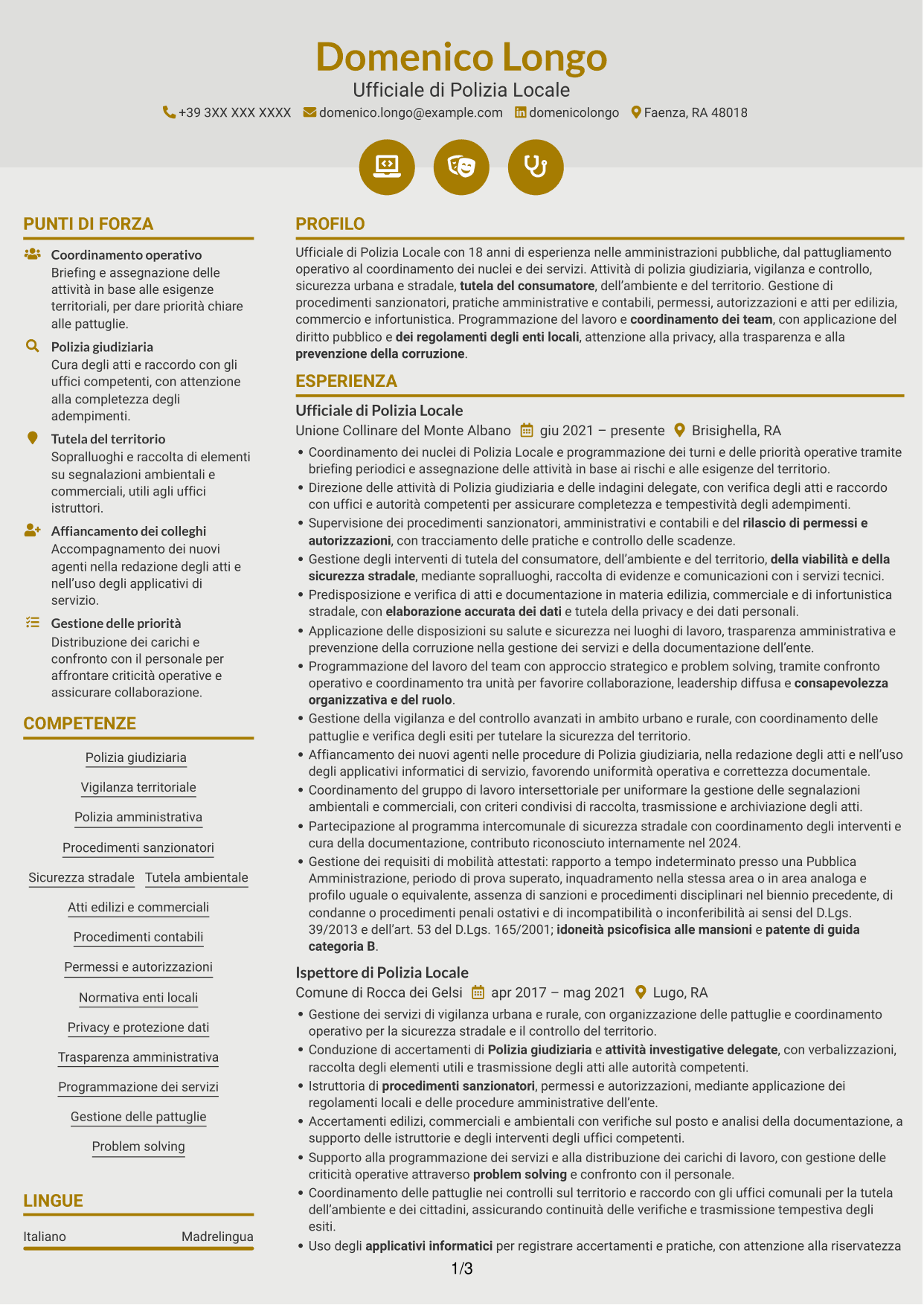 CV Dinamico (formato a due colonne con icone): Ufficiale di Polizia Locale - Vigilanza e polizia giudiziaria, pagina 1