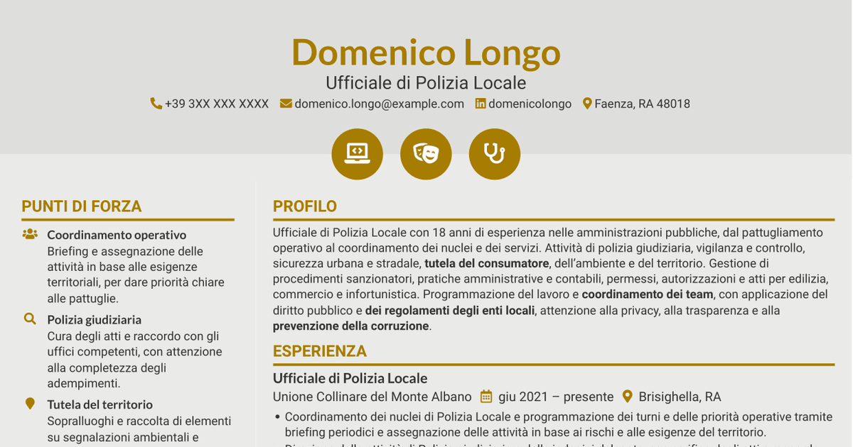 7 modelli di CV per Ufficiale di Polizia Locale - Vigilanza e polizia giudiziaria, con esempi