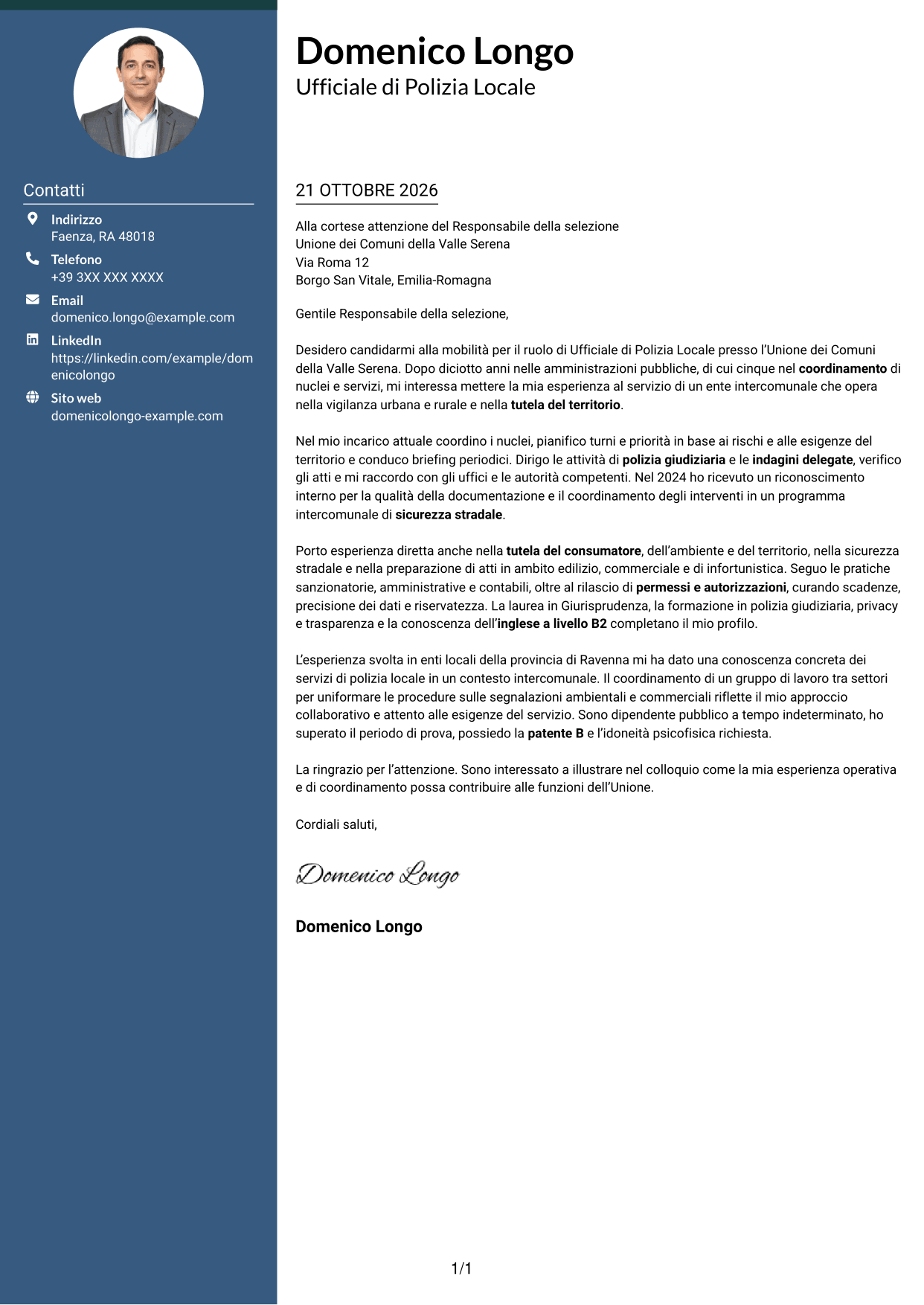 Lettera di presentazione Elegante (formato con colonna laterale colorata e foto): Ufficiale di Polizia Locale - Vigilanza e polizia giudiziaria, pagina 1