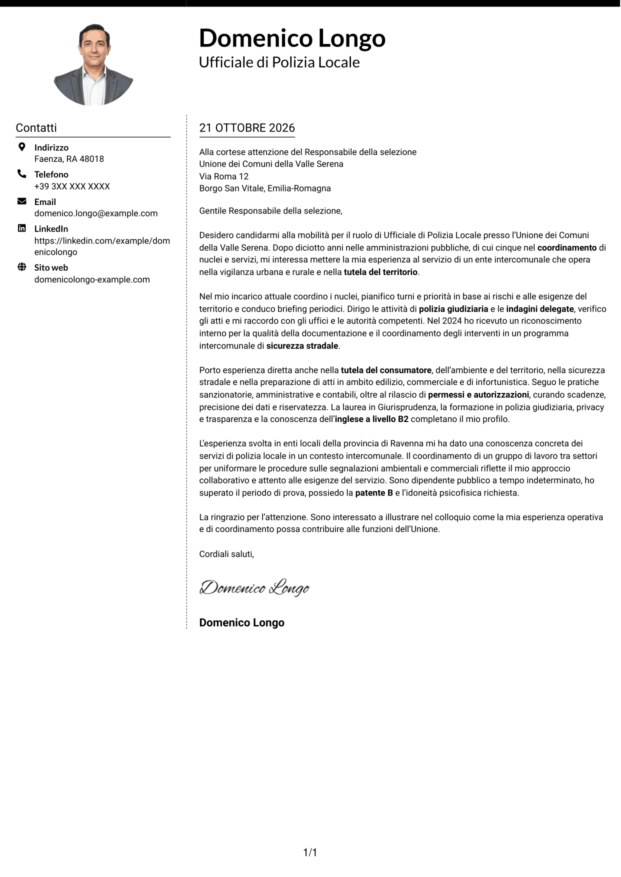 Lettera di presentazione Moderno (formato a due colonne con foto a sinistra e separatore): Ufficiale di Polizia Locale - Vigilanza e polizia giudiziaria, pagina 1
