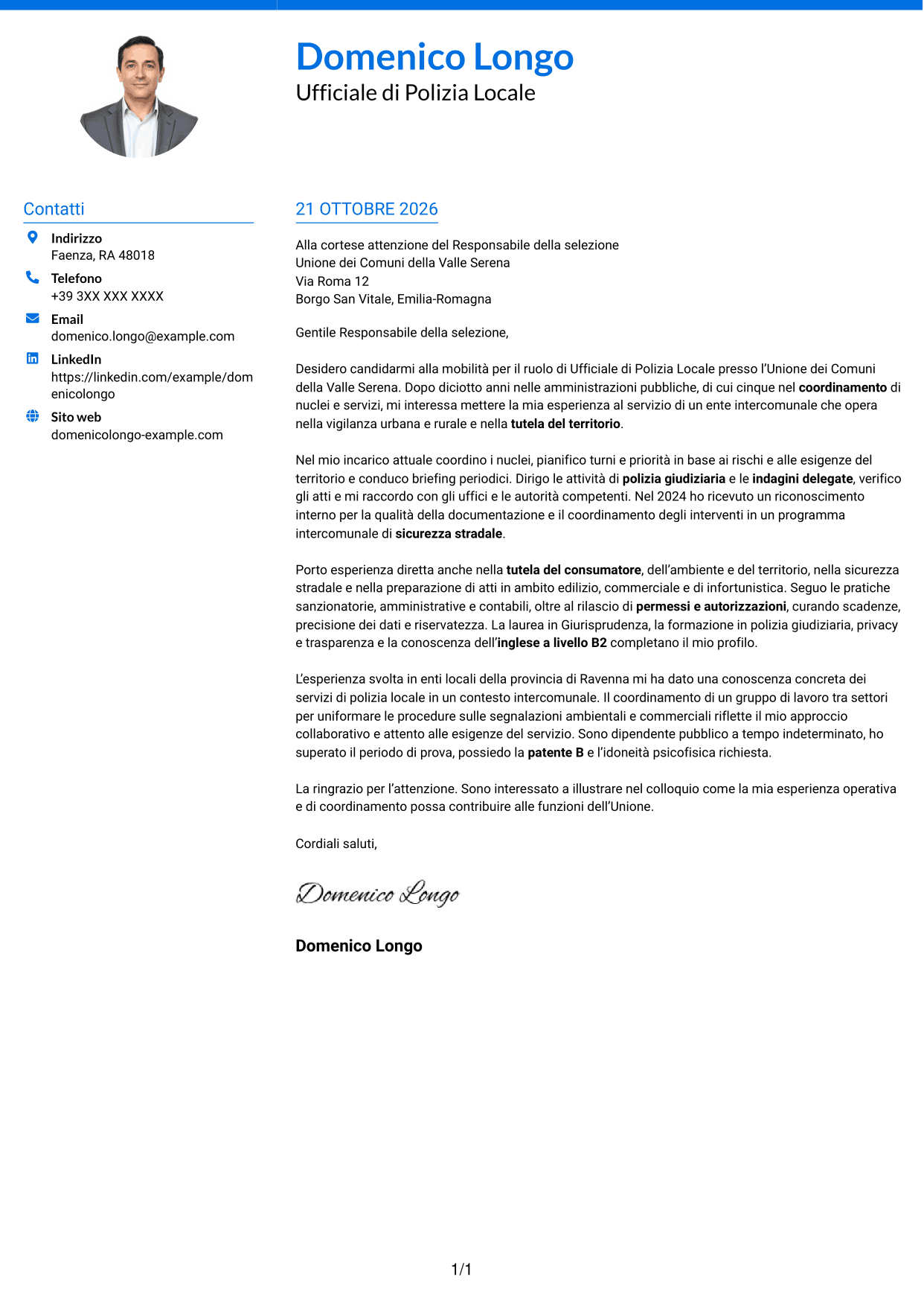 Lettera di presentazione Audace (formato a due colonne con accenti colorati e foto): Ufficiale di Polizia Locale - Vigilanza e polizia giudiziaria, pagina 1