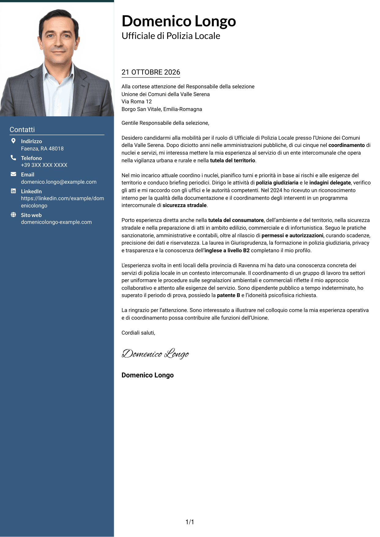 Lettera di presentazione Signature (formato con colonna laterale colorata e foto grande): Ufficiale di Polizia Locale - Vigilanza e polizia giudiziaria, pagina 1