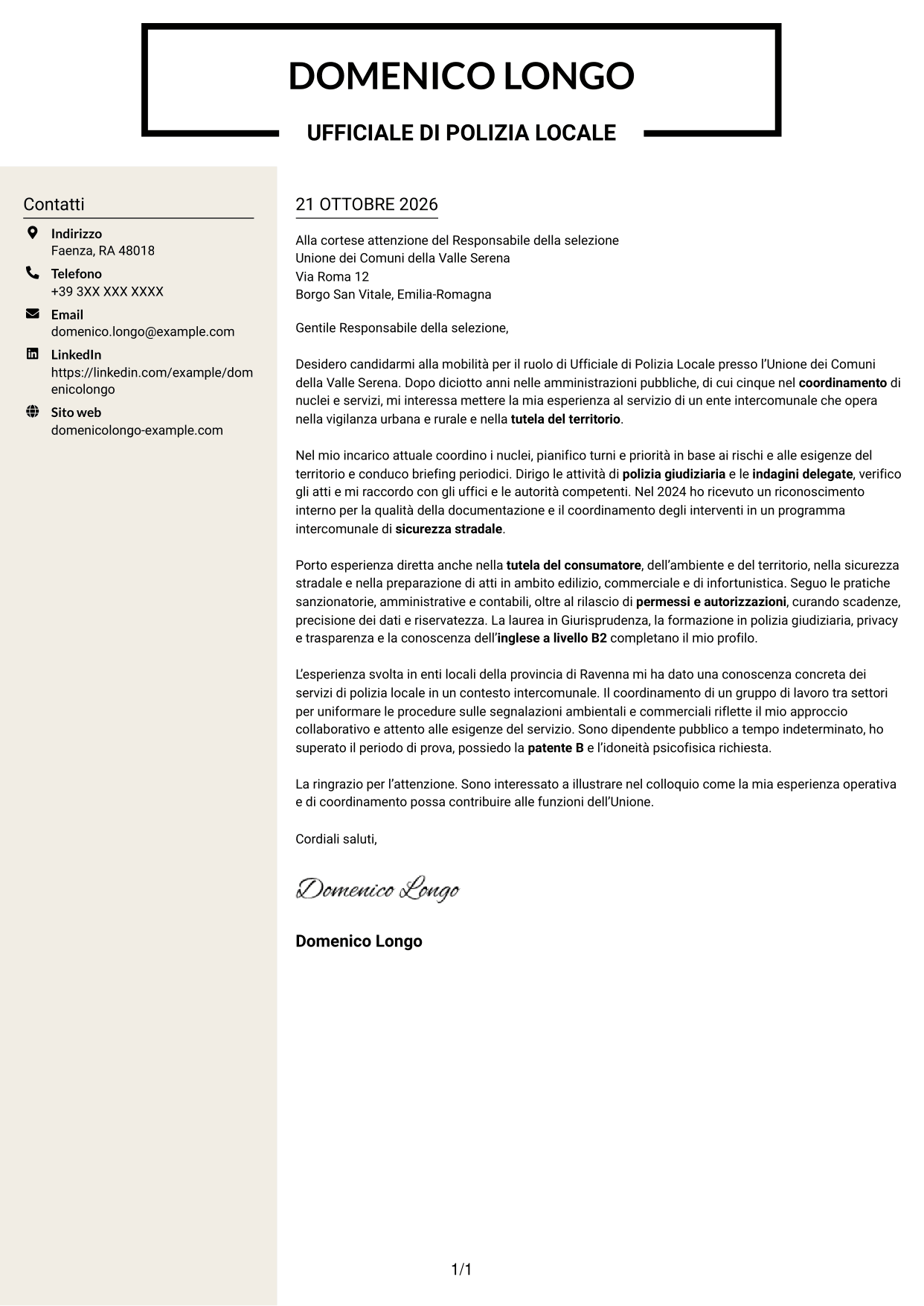 Lettera di presentazione Intraprendente (formato a due colonne con intestazione centrata senza foto): Ufficiale di Polizia Locale - Vigilanza e polizia giudiziaria, pagina 1