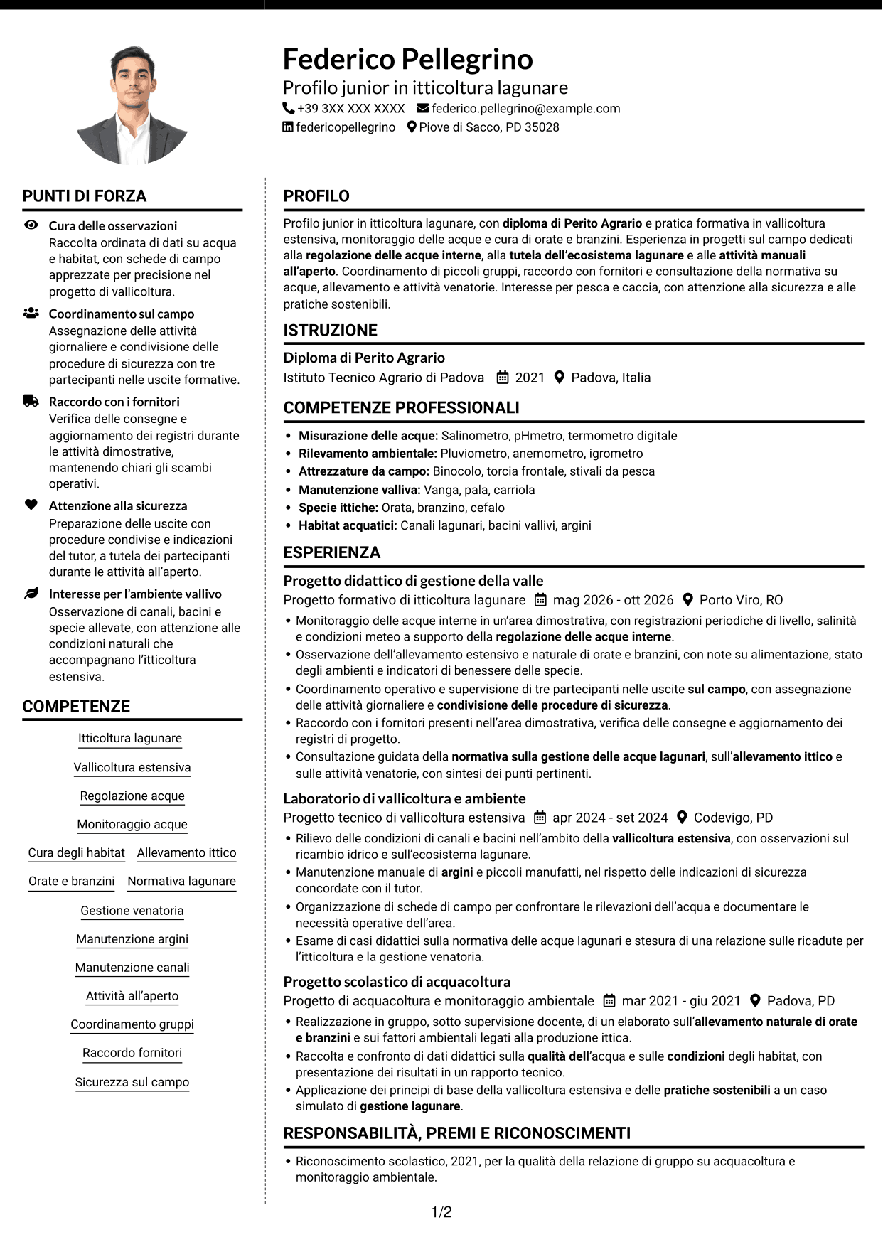 CV Moderno (formato a due colonne con foto a sinistra e separatore): Vice capo valle - Itticoltura lagunare, pagina 1