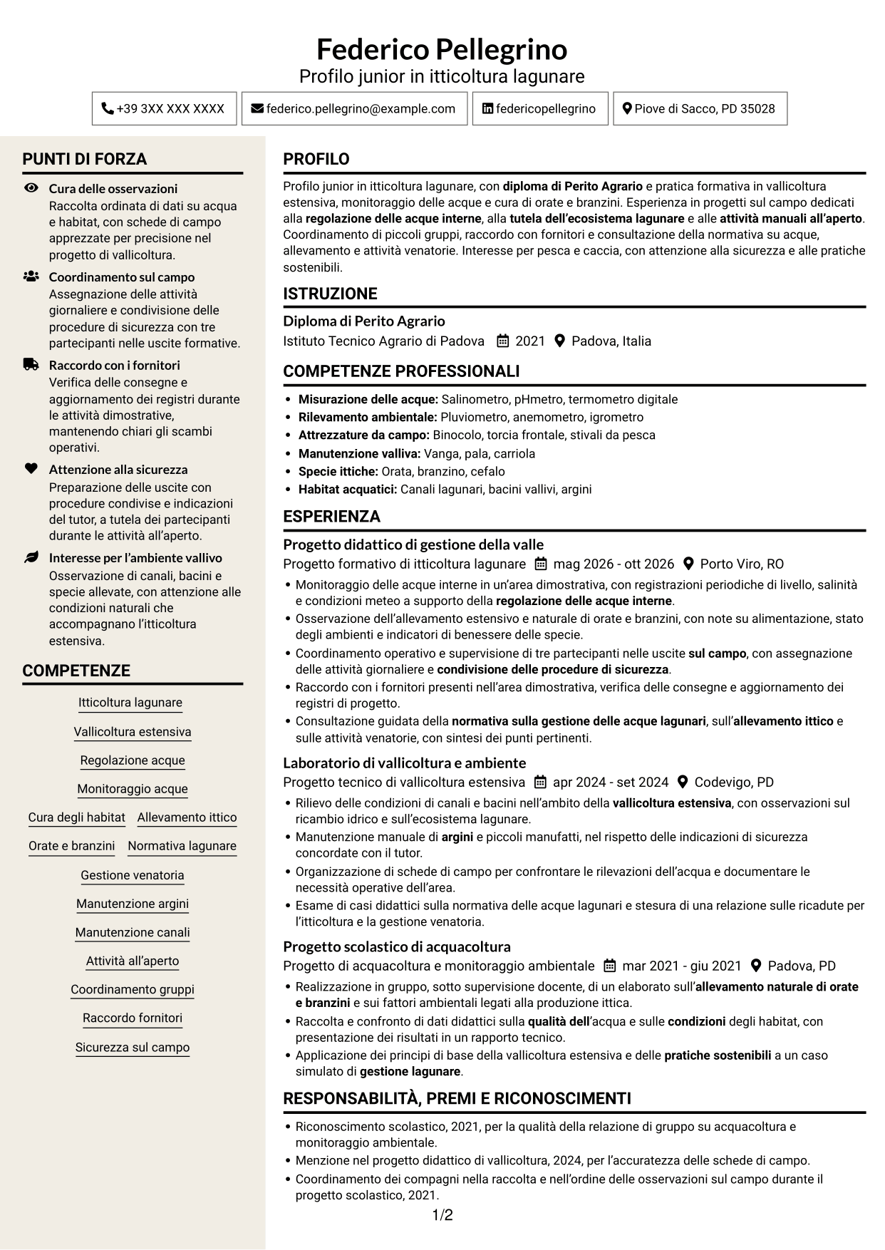 CV Intraprendente (formato a due colonne con intestazione centrata senza foto): Vice capo valle - Itticoltura lagunare, pagina 1