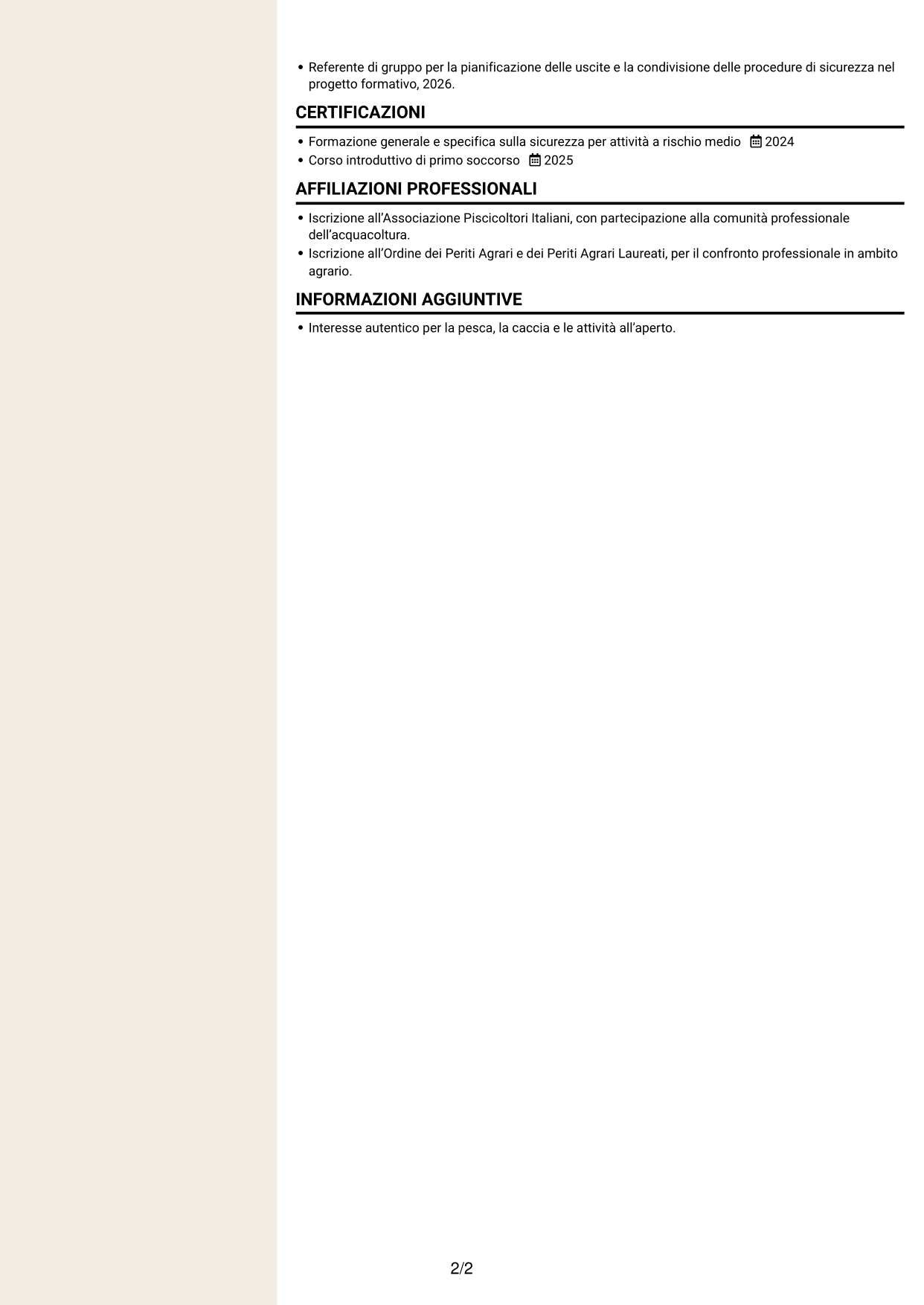 CV Intraprendente (formato a due colonne con intestazione centrata senza foto): Vice capo valle - Itticoltura lagunare, pagina 2