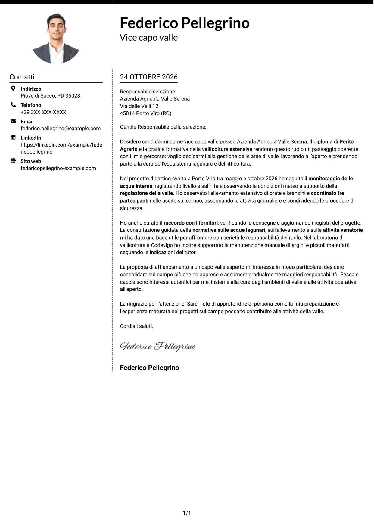 Lettera di presentazione Moderno (formato a due colonne con foto a sinistra e separatore): Vice capo valle - Itticoltura lagunare, pagina 1