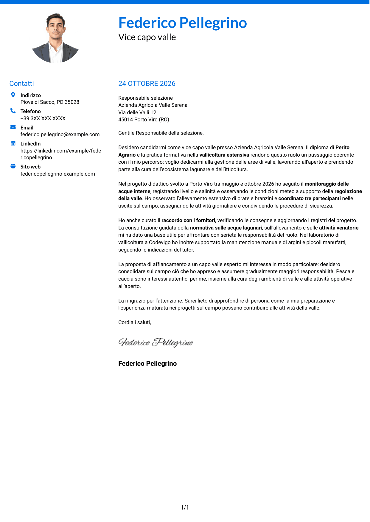 Lettera di presentazione Audace (formato a due colonne con accenti colorati e foto): Vice capo valle - Itticoltura lagunare, pagina 1
