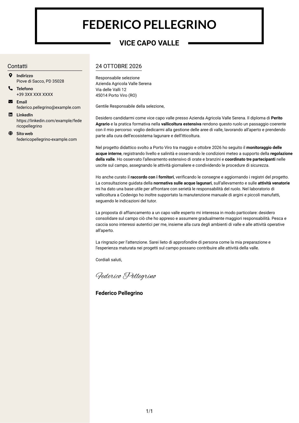 Lettera di presentazione Intraprendente (formato a due colonne con intestazione centrata senza foto): Vice capo valle - Itticoltura lagunare, pagina 1