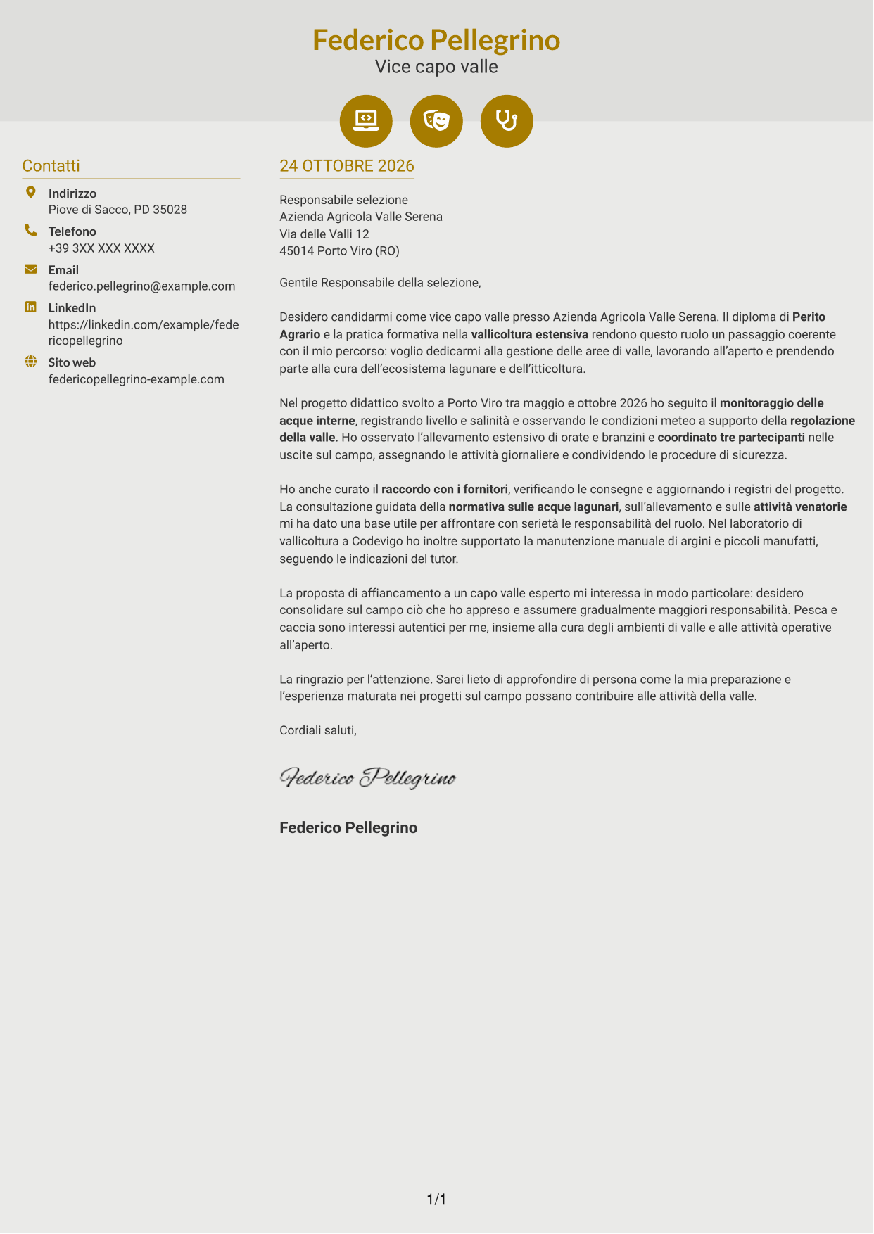 Lettera di presentazione Dinamico (formato a due colonne con icone): Vice capo valle - Itticoltura lagunare, pagina 1