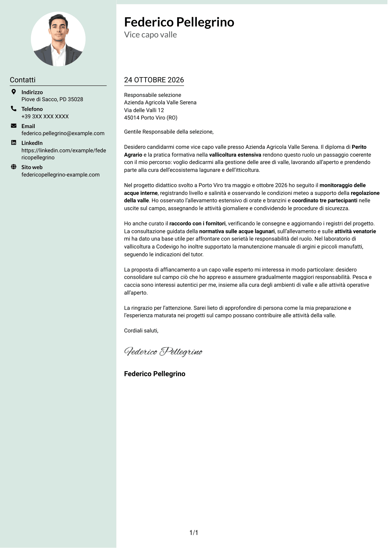Lettera di presentazione Dirigente (formato con colonna laterale tenue e foto arrotondata): Vice capo valle - Itticoltura lagunare, pagina 1