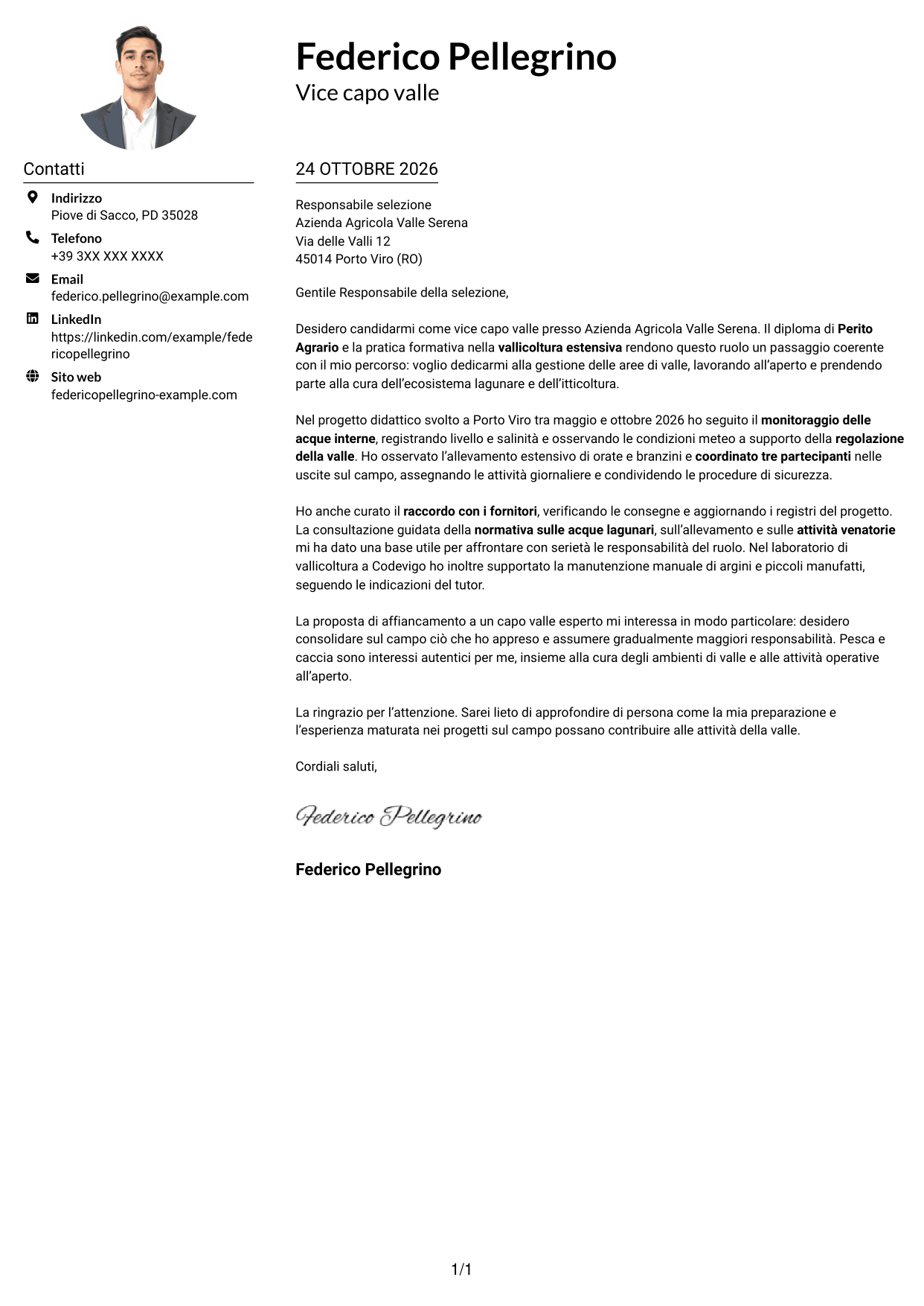 Esempio di lettera di presentazione — pagina 1