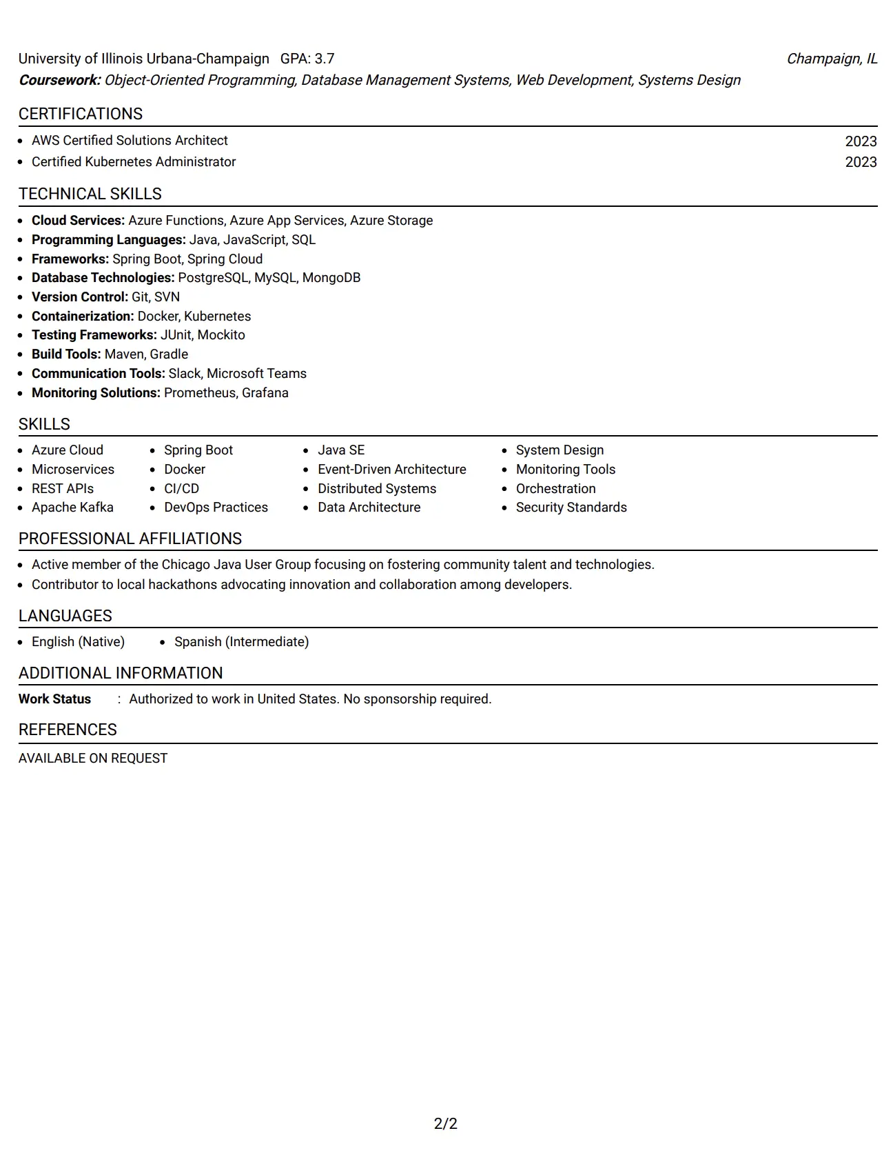Java Architect One-Column Fang Resume Example - Page 2