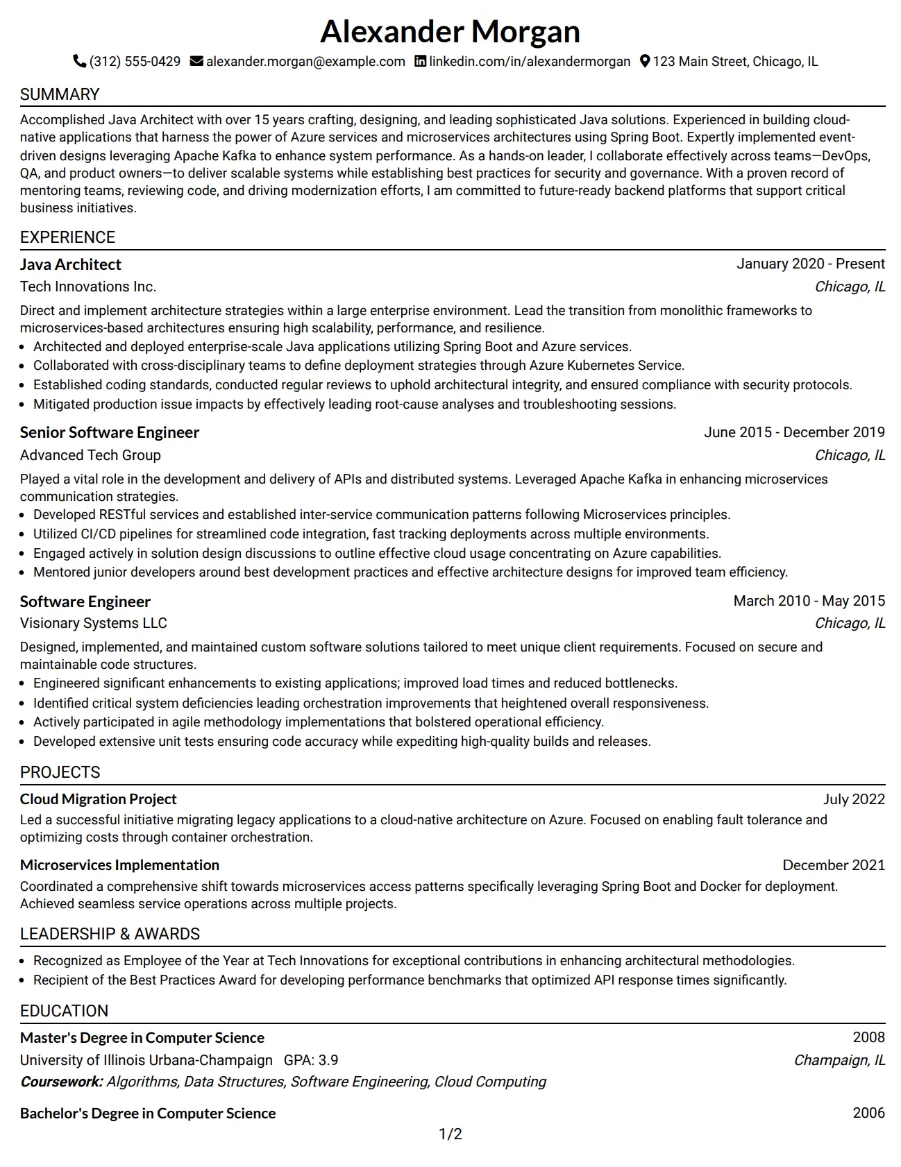 Java Architect One-Column Fang Resume Example