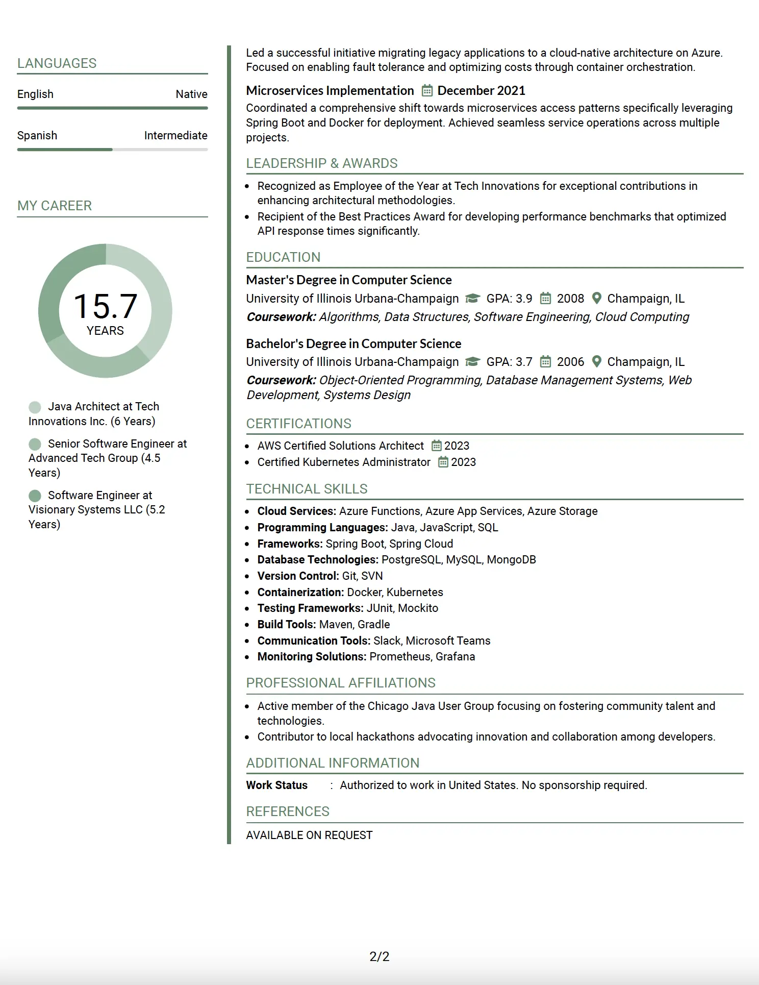 Java Architect Two-Column Resume Example - Page 2