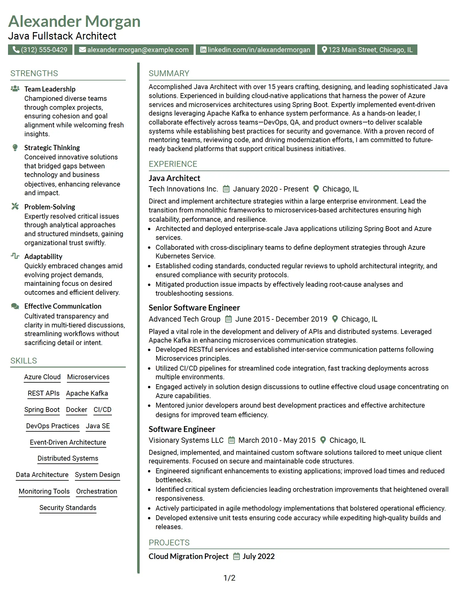Java Architect Two-Column Resume Example