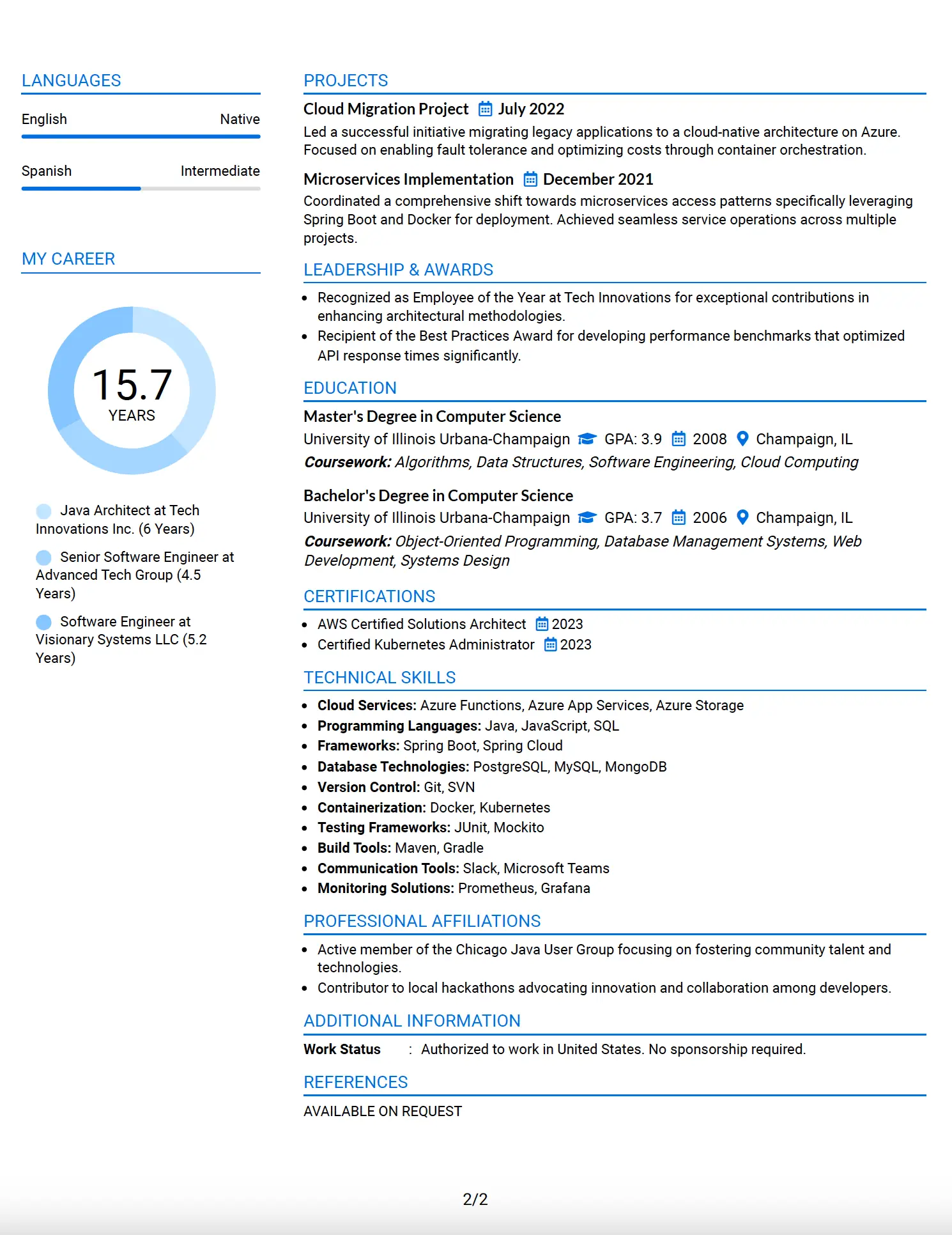 Java Architect Two-Column Resume Example with Photo - Page 2
