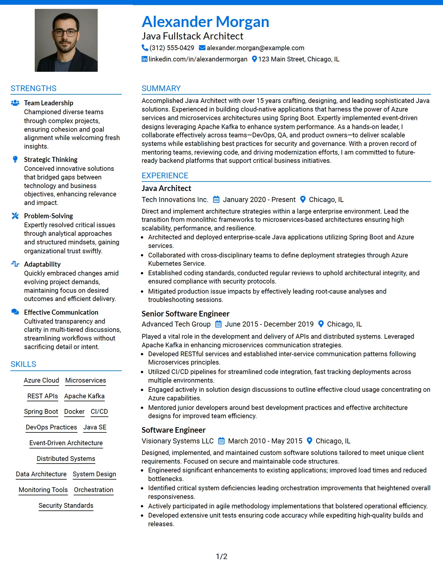 Java Architect Two-Column Resume Example with Photo