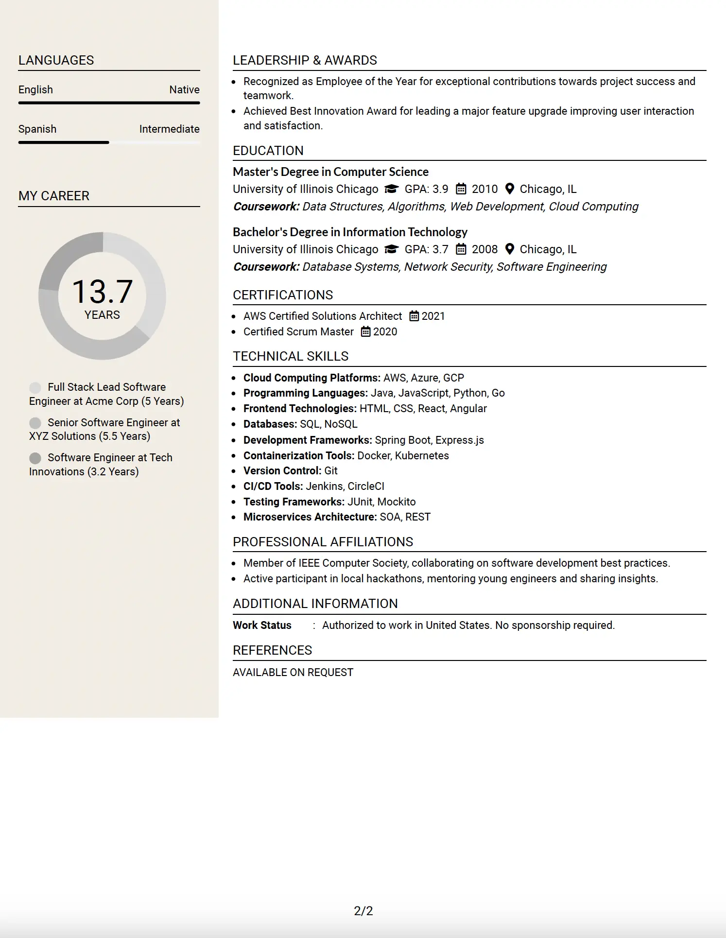 Full Stack Lead Software Engineer Two-Column Resume Example - Page 2