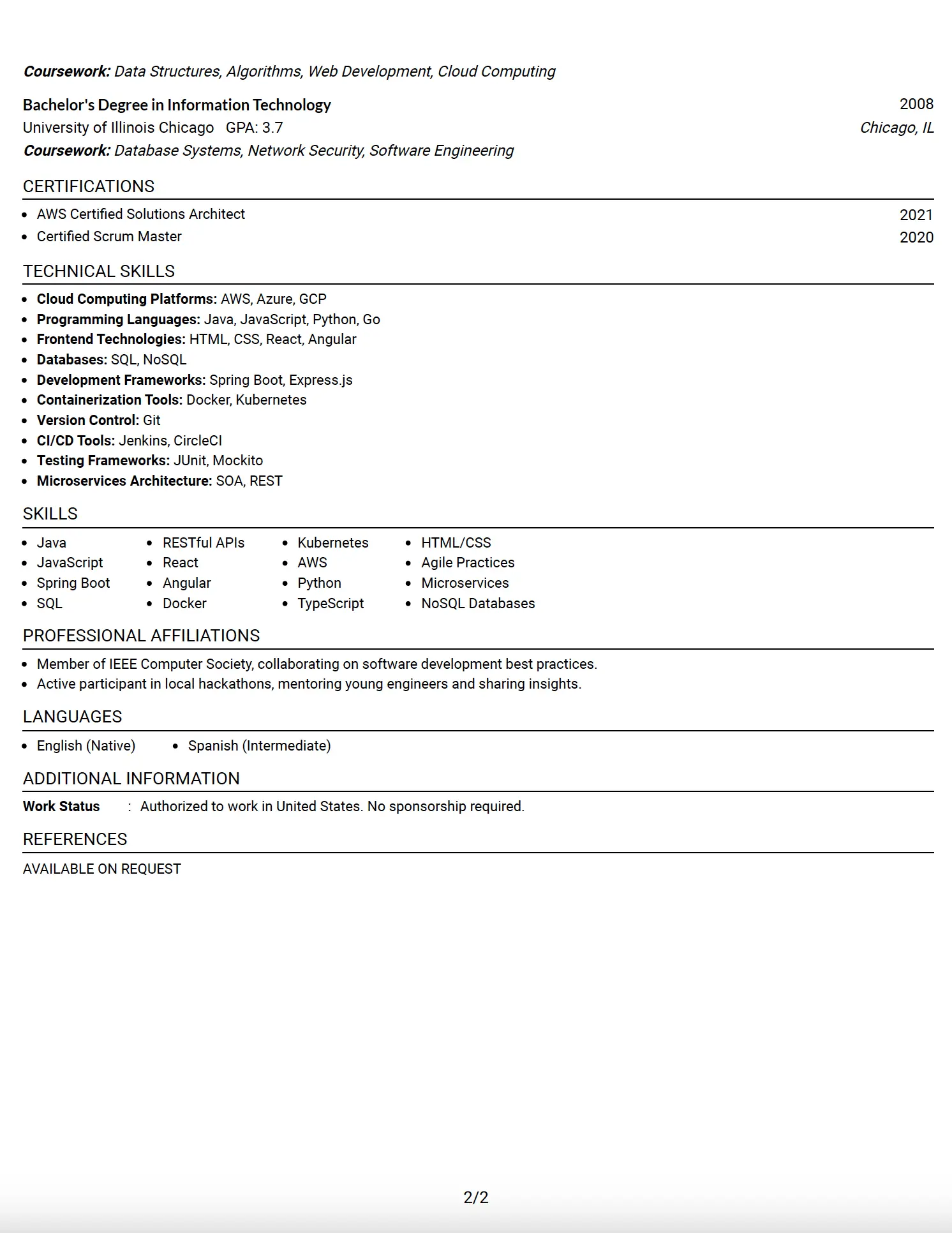 Full Stack Lead Software Engineer One-Column Fang Resume Example (Photo Header) - Page 2